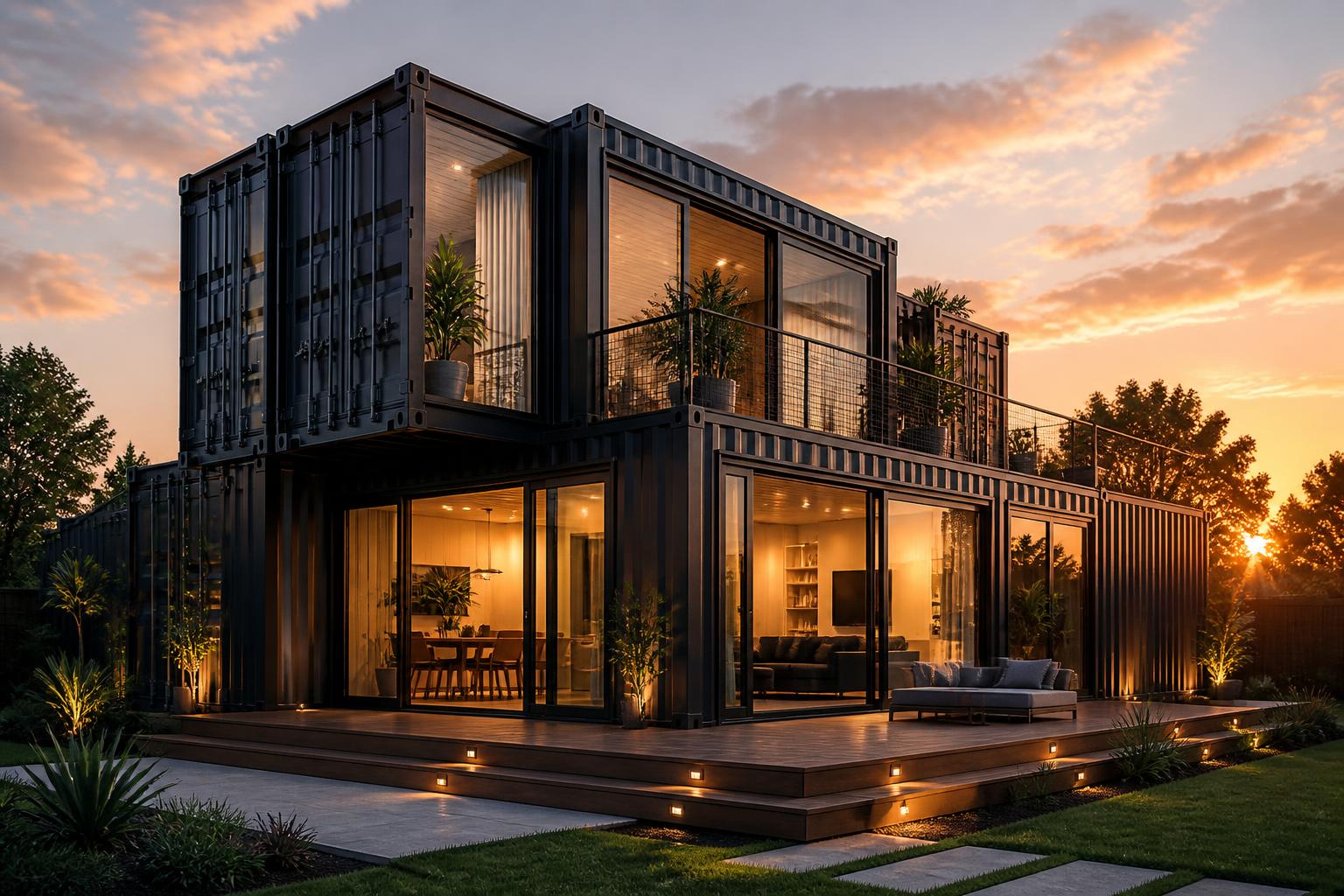 Modern shipping container home at sunset